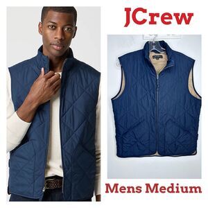 J. Crew Quilted Walker Vest Navy Blue Tan Men’s Size Medium Preppy Full Zip
